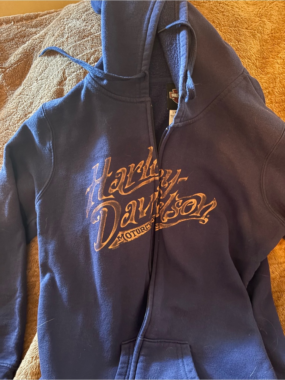 Harley-Davidson Blue Hoodie with Light Tan Logo - Big Moose Portland Maine